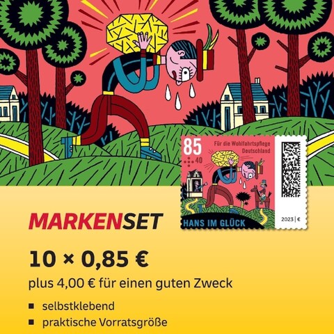 Werbegrafik für die Wohlfahrtsmarken 2023 „Hans im Glück“.
